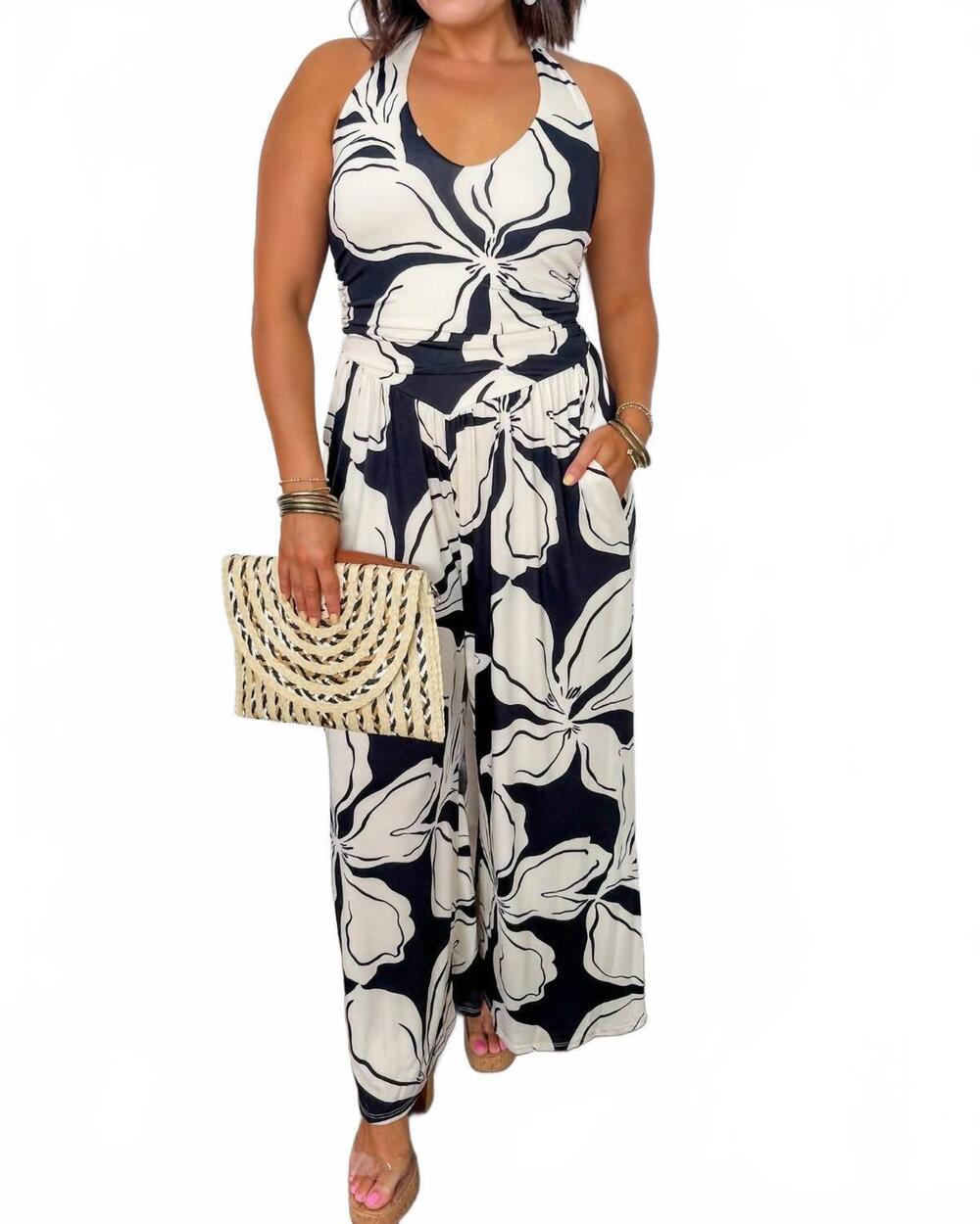 NEW WASABI + MINT magnolia floral halter jumpsuit in navy/ ecru